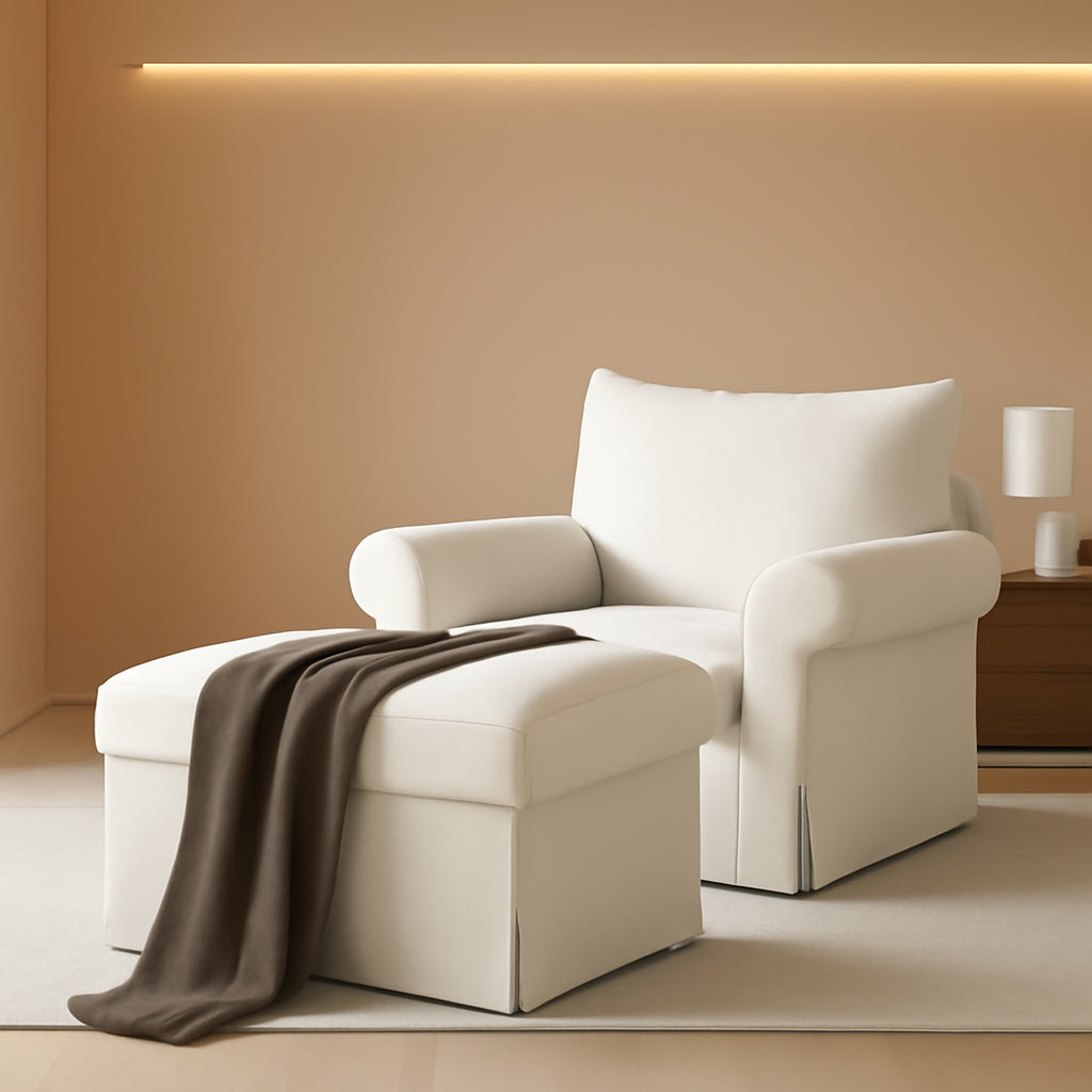 Beige Chenille Contemporary Chair & Ottoman - 2 Pc Set