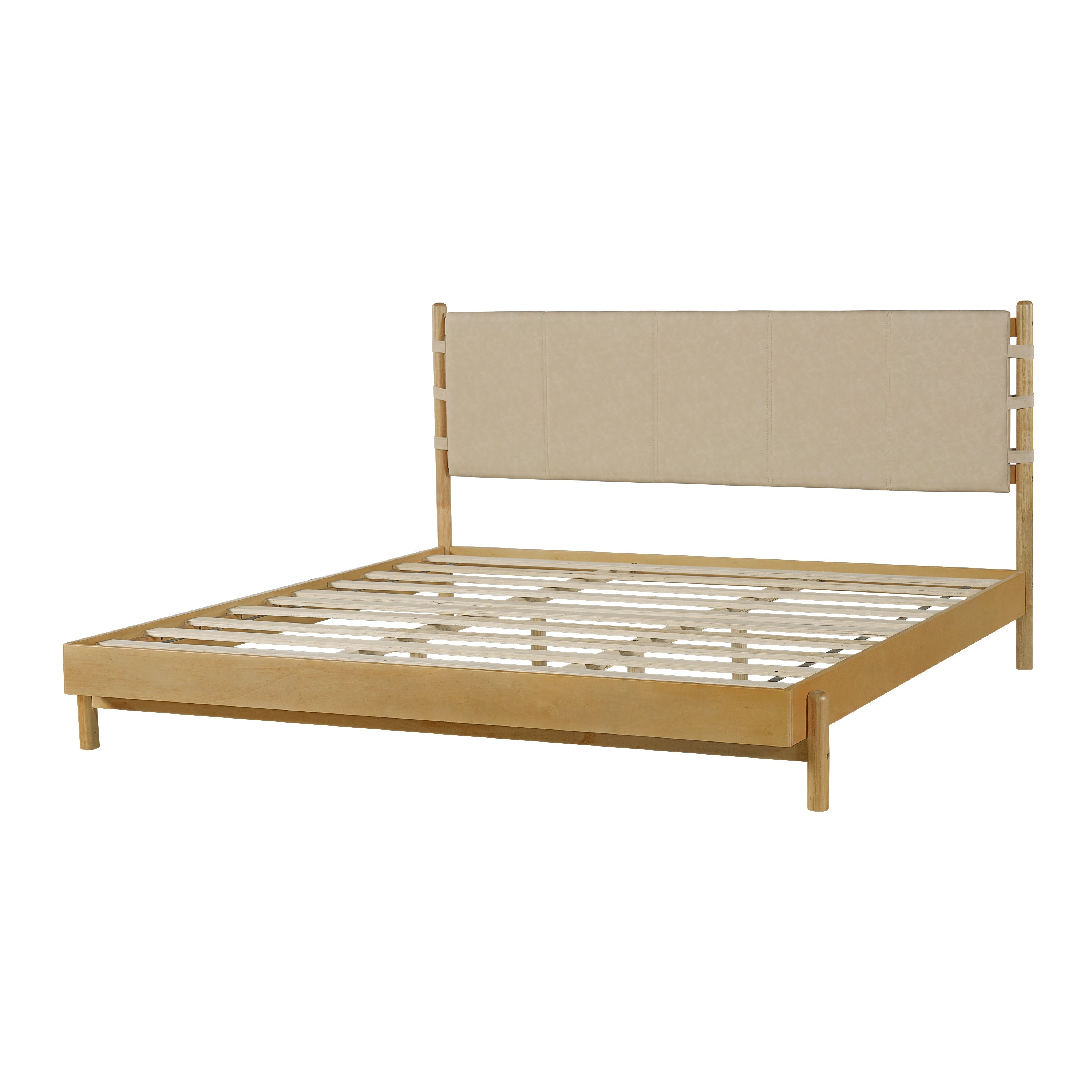 Beige Wood Platform Bed with Headboard and Matching Bedside Tables - 3 Pc Set