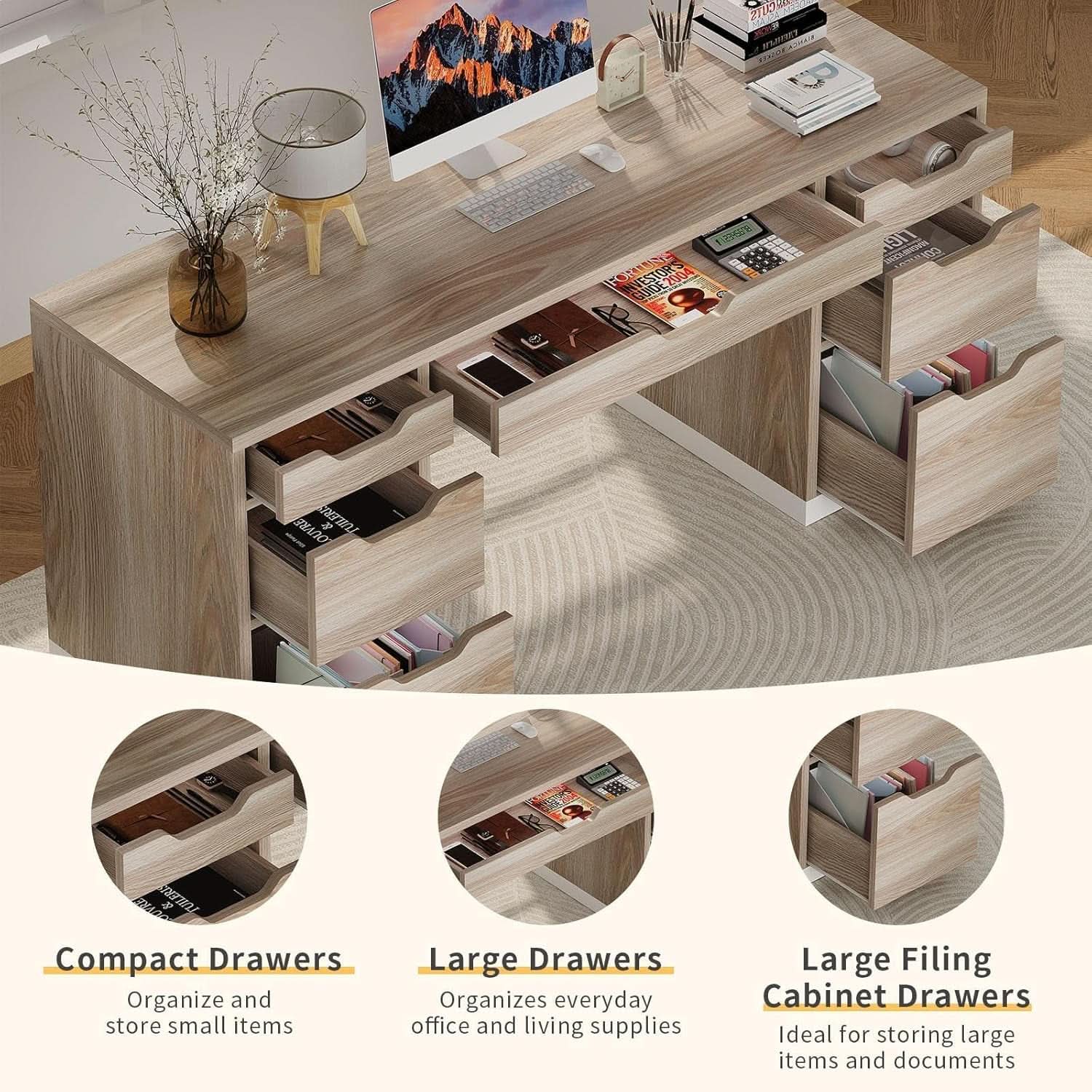 54 Inch Computer Desk With Storage Drawers - White Walnut