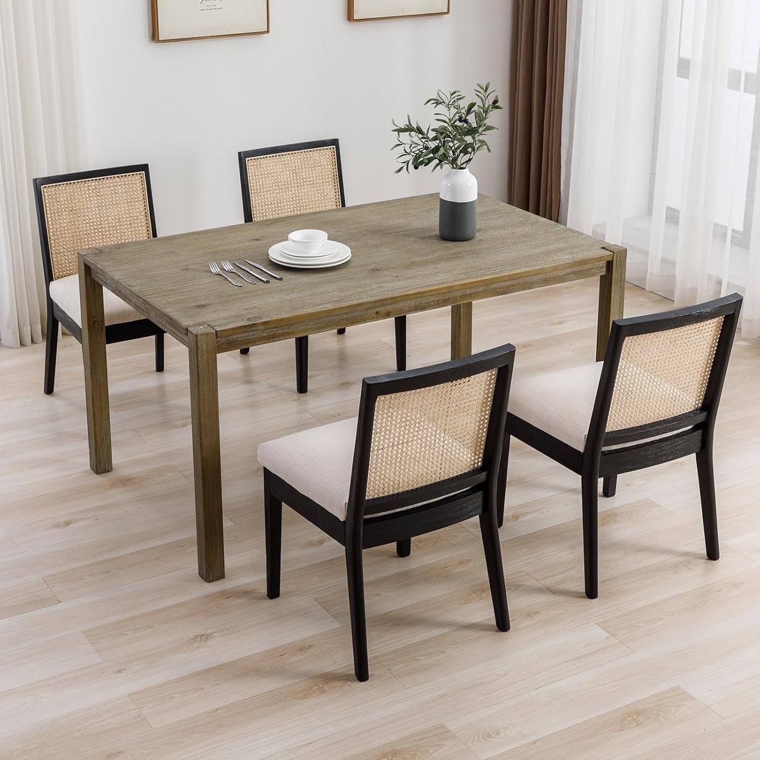 Black/Cream/Rattan Dining Chairs - Set of 6