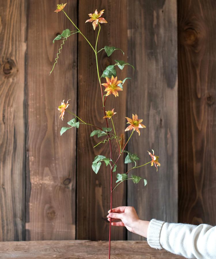 Faux Silk Artificial German Clematis Flower Stem in Orange - 40"