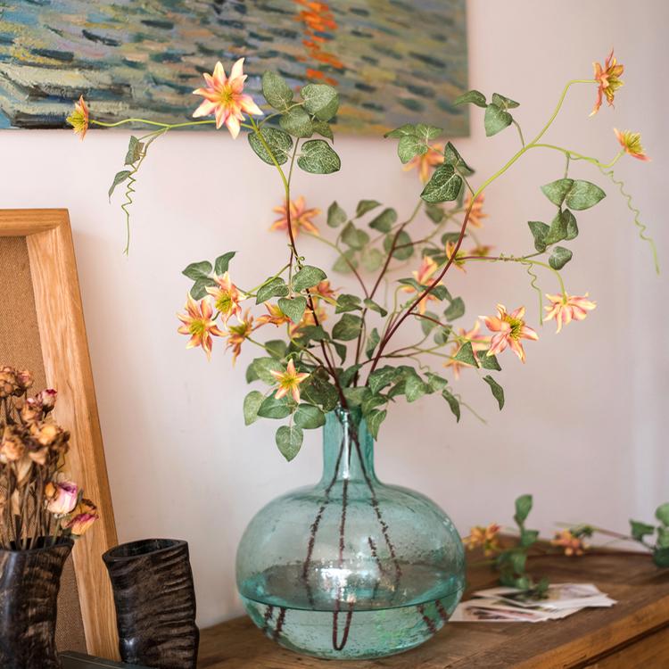 Faux Silk Artificial German Clematis Flower Stem in Orange - 40"
