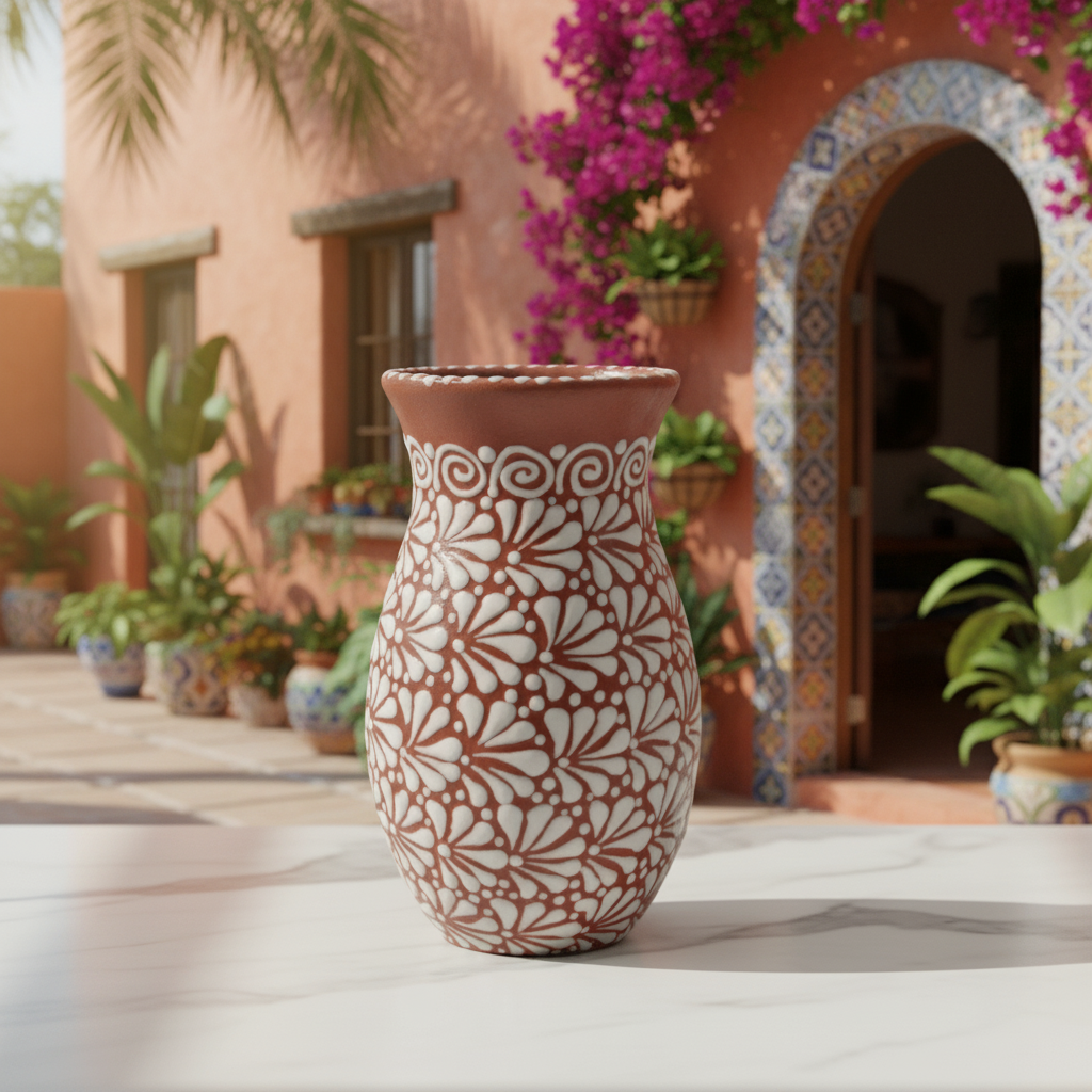 Handcrafted Talavera Vase | Brown & White Relief Pottery