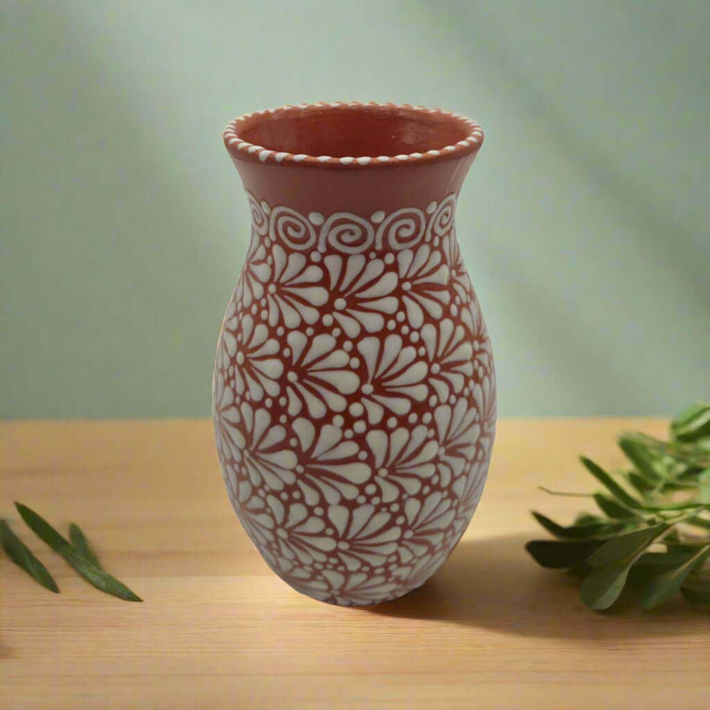 Handcrafted Talavera Vase | Brown & White Relief Pottery