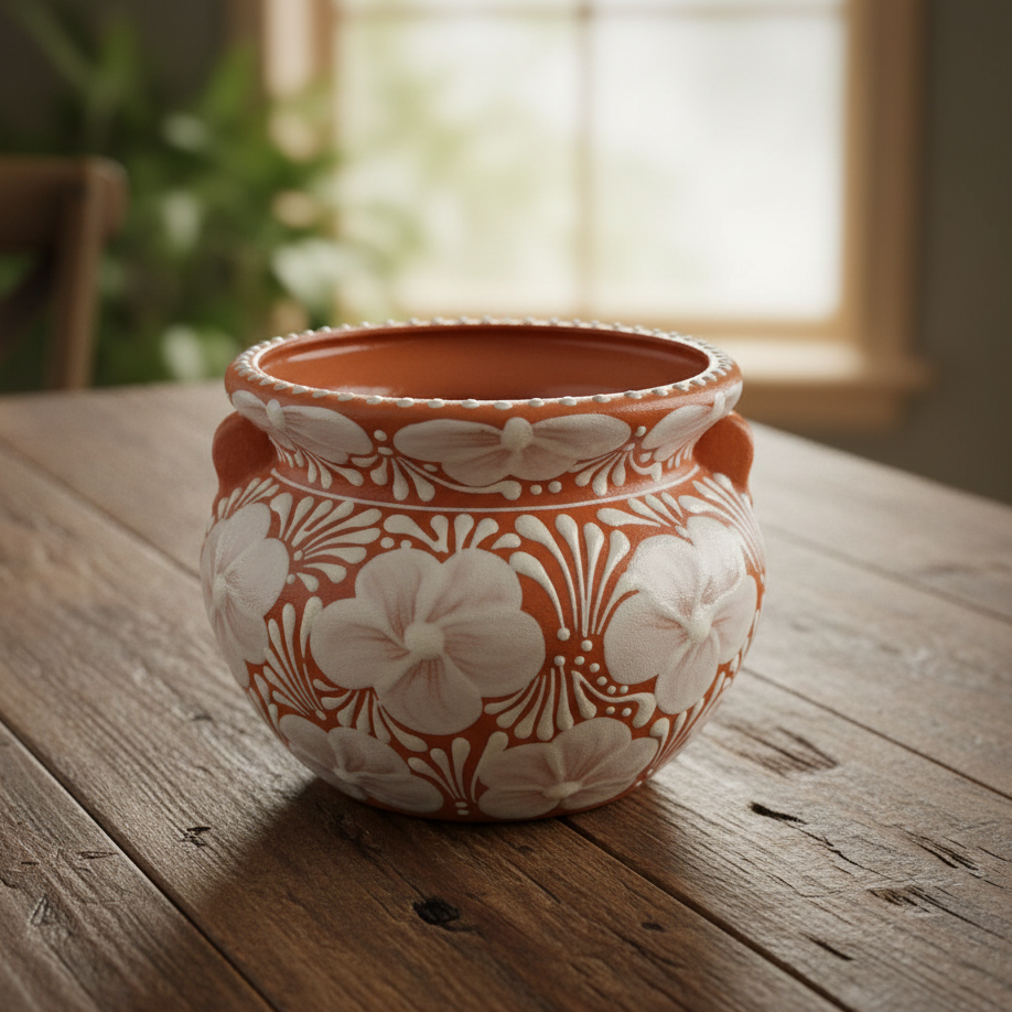 Handmade Talavera Flower Pot | Terracotta & White Design