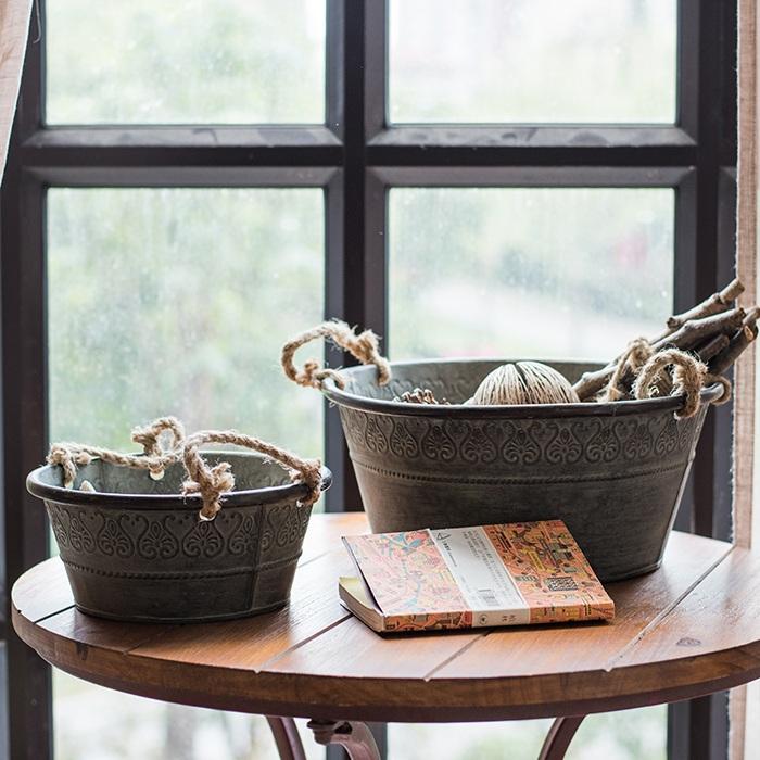 Antique Flower Pattern Tub with Rope Handles (Set of 3)