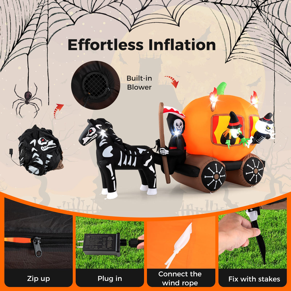 10.2 Ft Long Inflatable Halloween Carriage with Pumpkin and 2 Ghosts