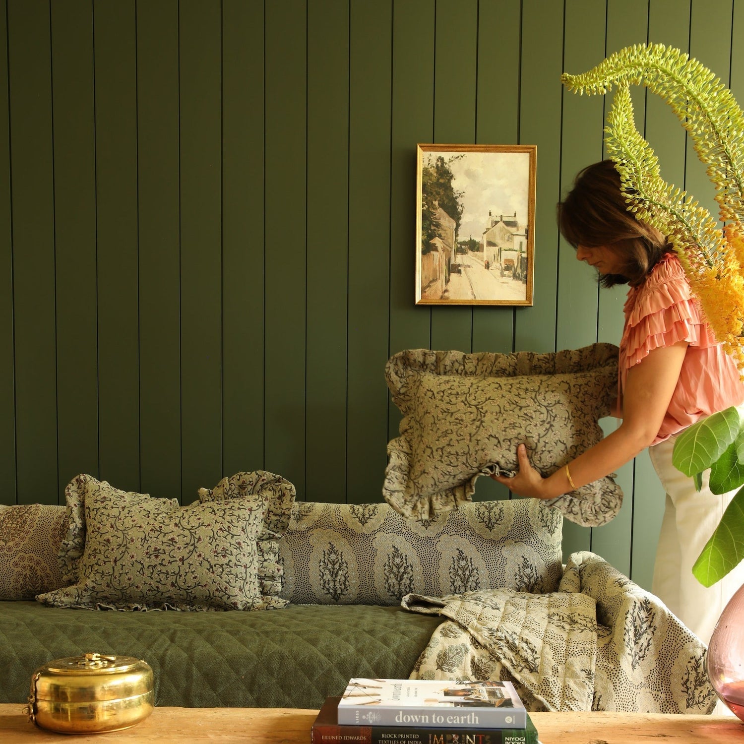 Inaya Linen Floral Throw Pillow Cover - Beachwood Ruffled