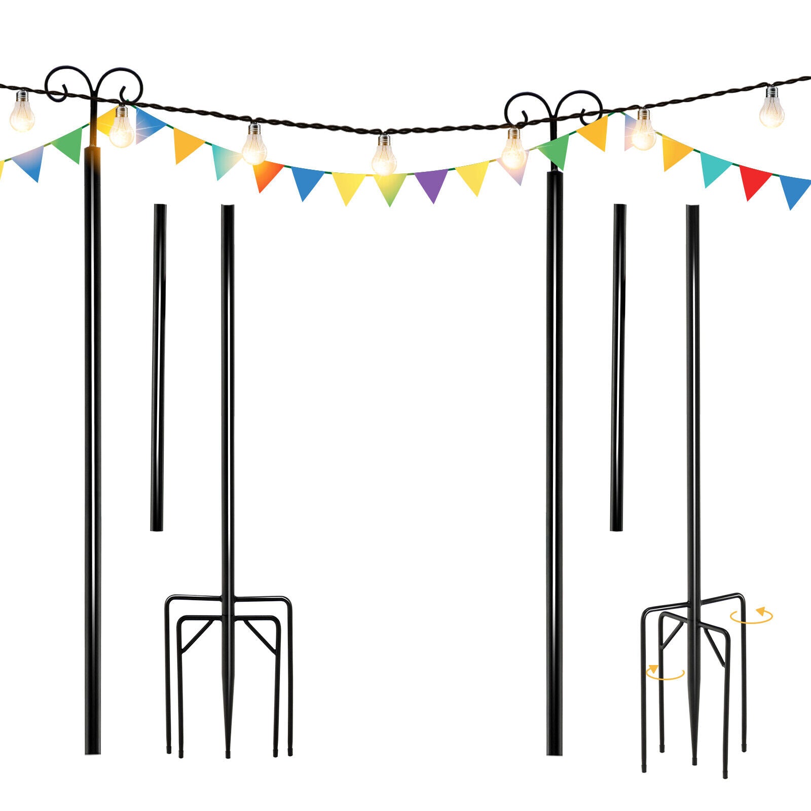 Outdoor String Light Metal Poles with Top Arc Hook and 5-Prong Base - Set of 2