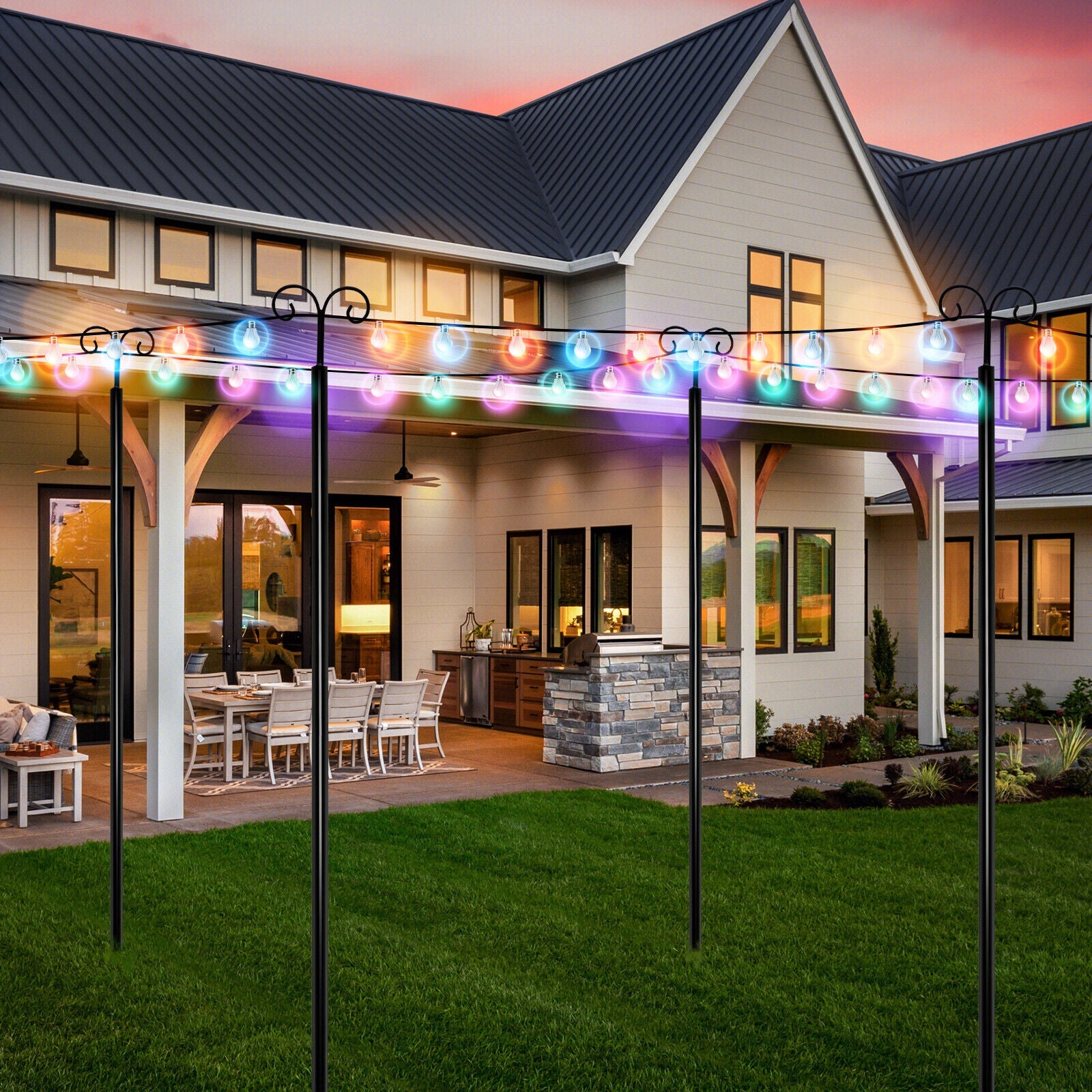 Outdoor String Light Metal Poles with Top Arc Hook and 5-Prong Base - Set of 2