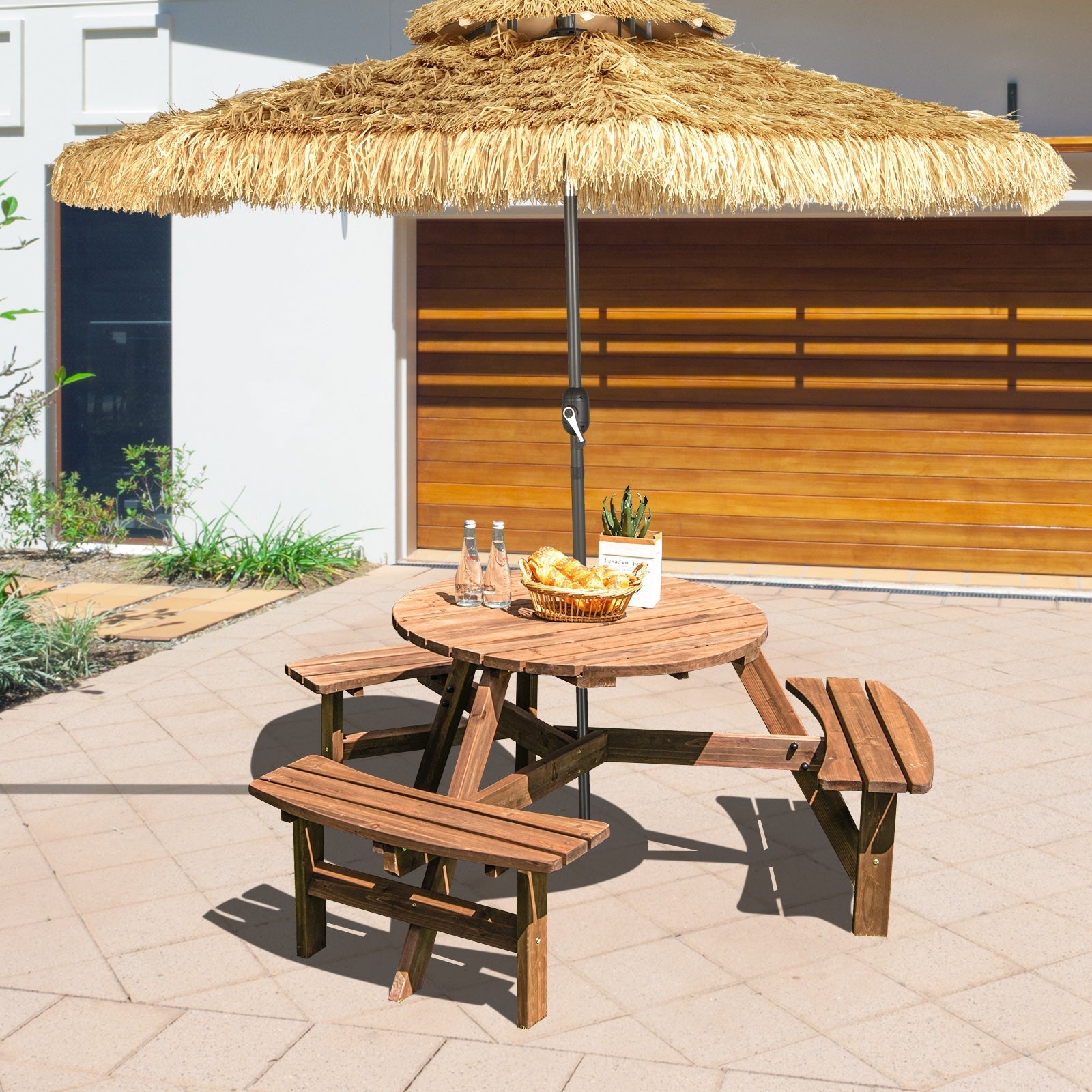 6 Person Wooden Round Picnic Table Set with Benches and Umbrella Hole
