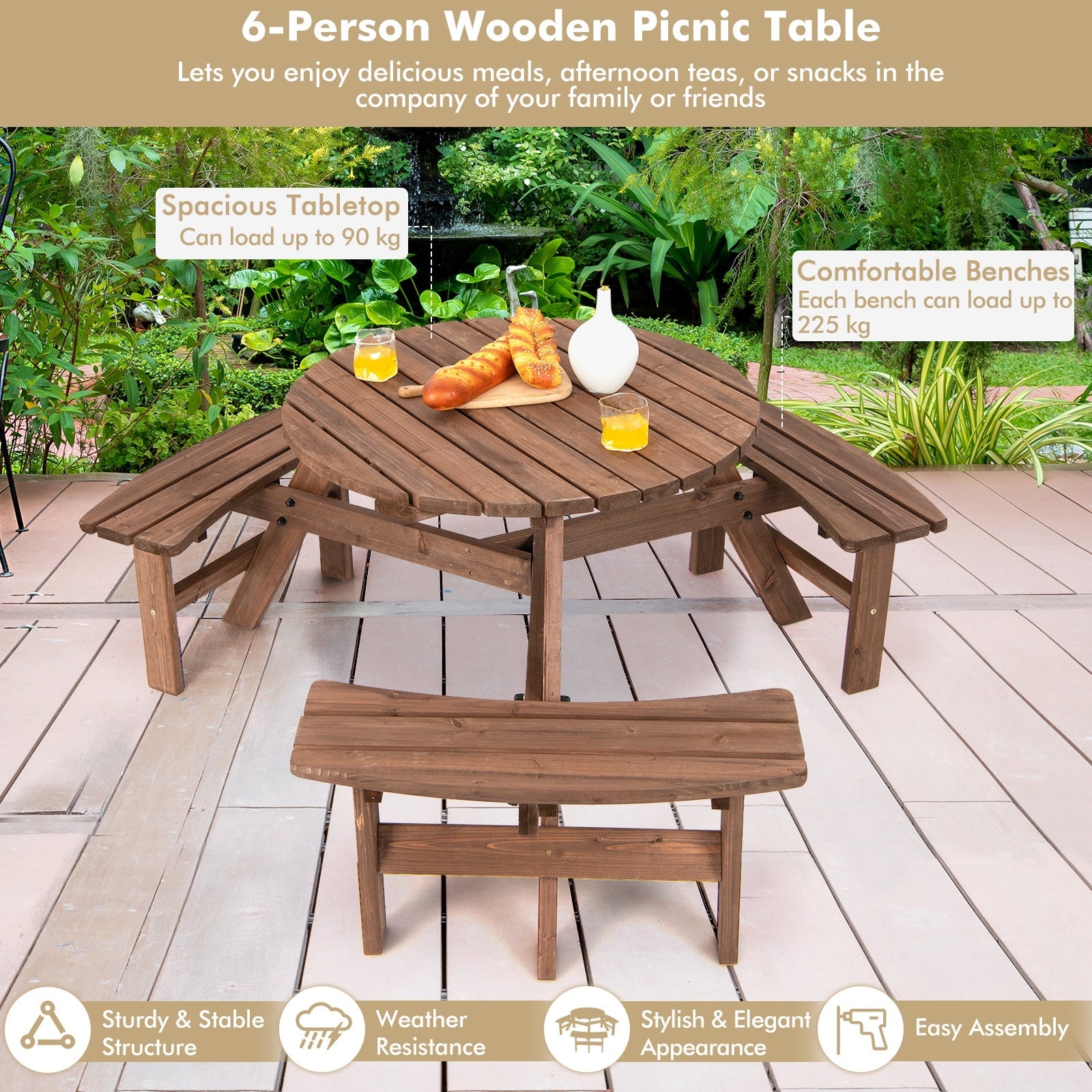 6 Person Wooden Round Picnic Table Set with Benches and Umbrella Hole