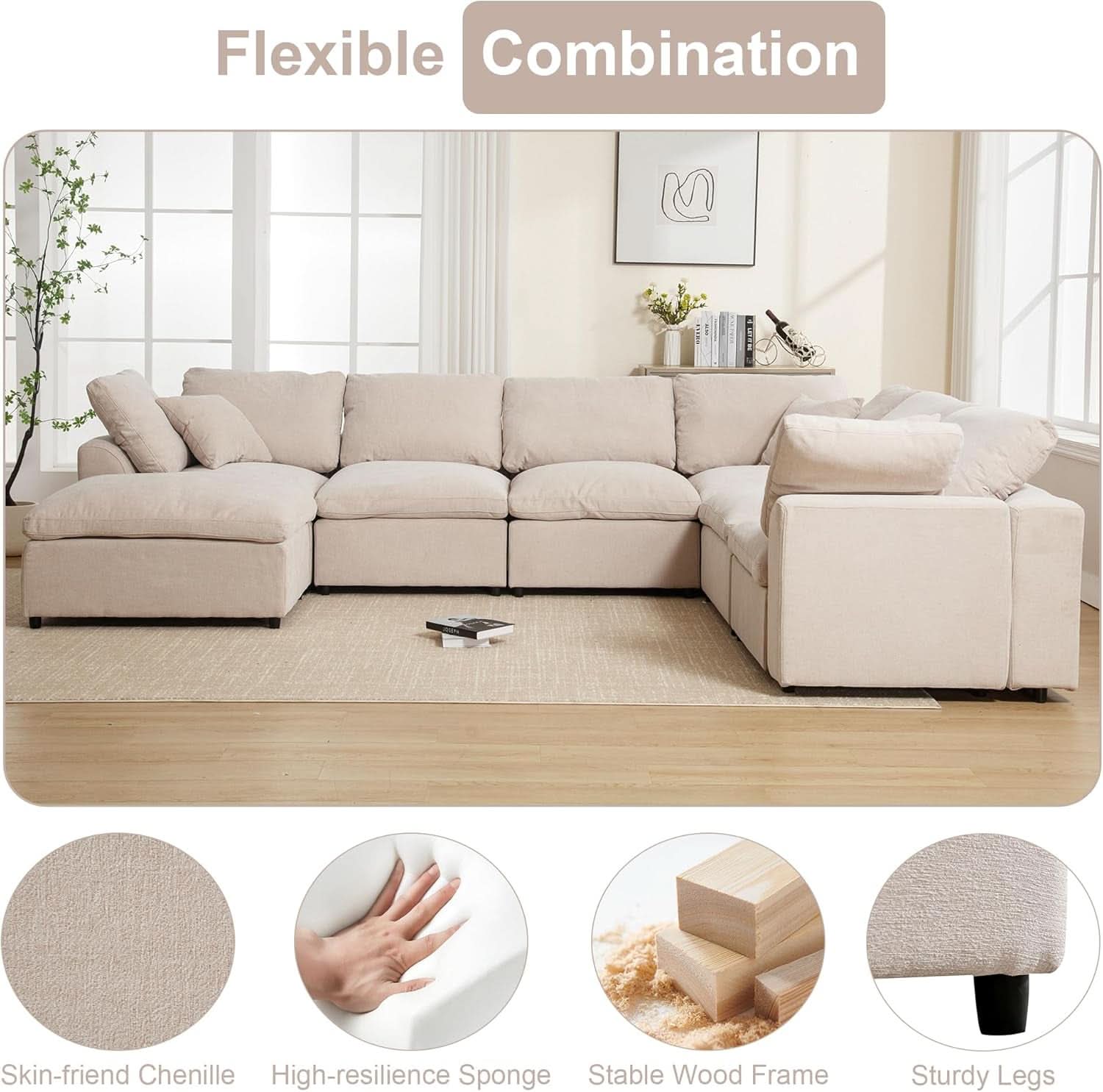 Oversized U Shaped Modular Sectional Sofa with Ottoman - Beige
