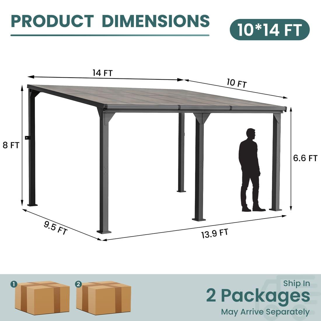 Hardtop Lean-to Pergola with Polycarbonate Roof for Patio or Deck