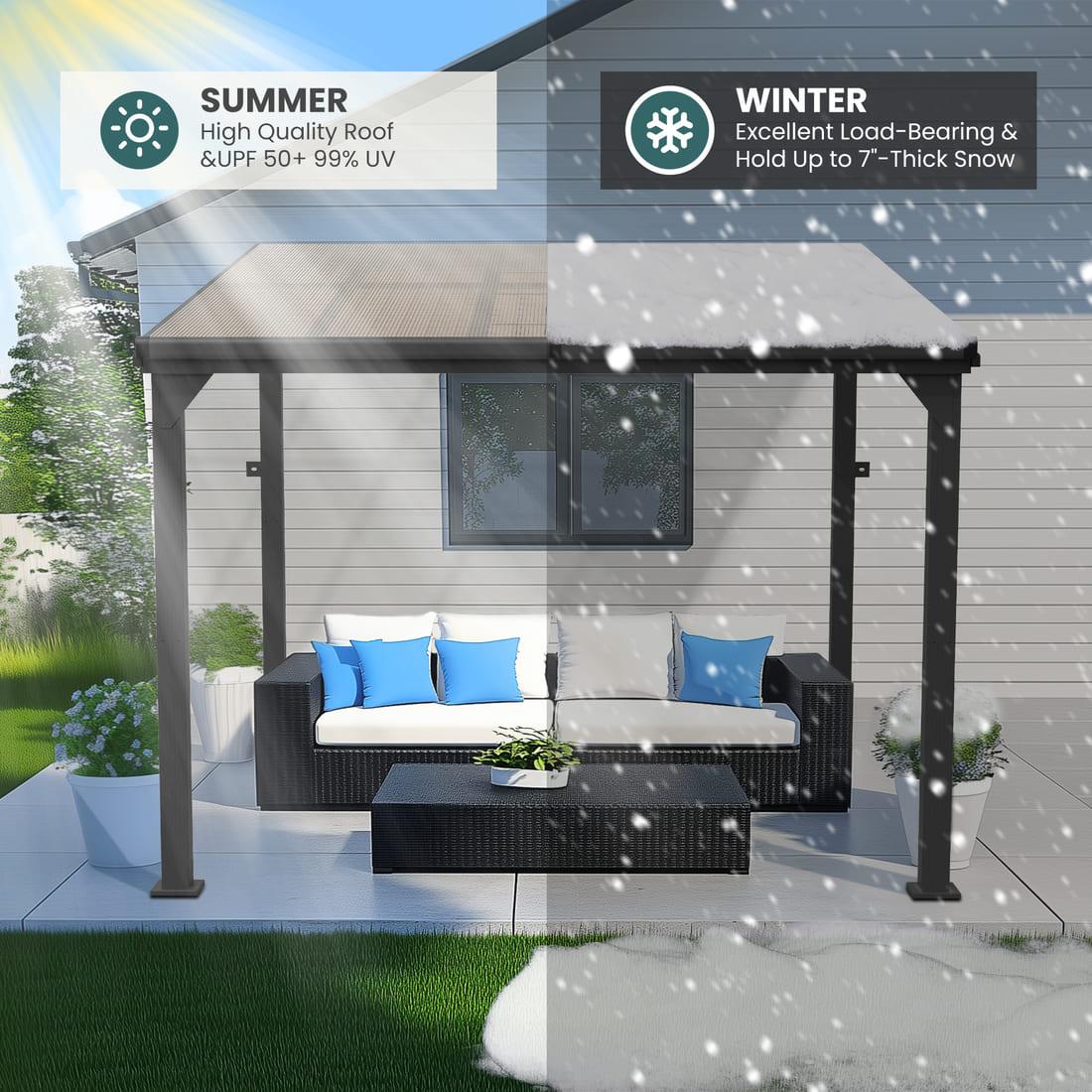 Hardtop Lean-to Pergola with Polycarbonate Roof for Patio or Deck