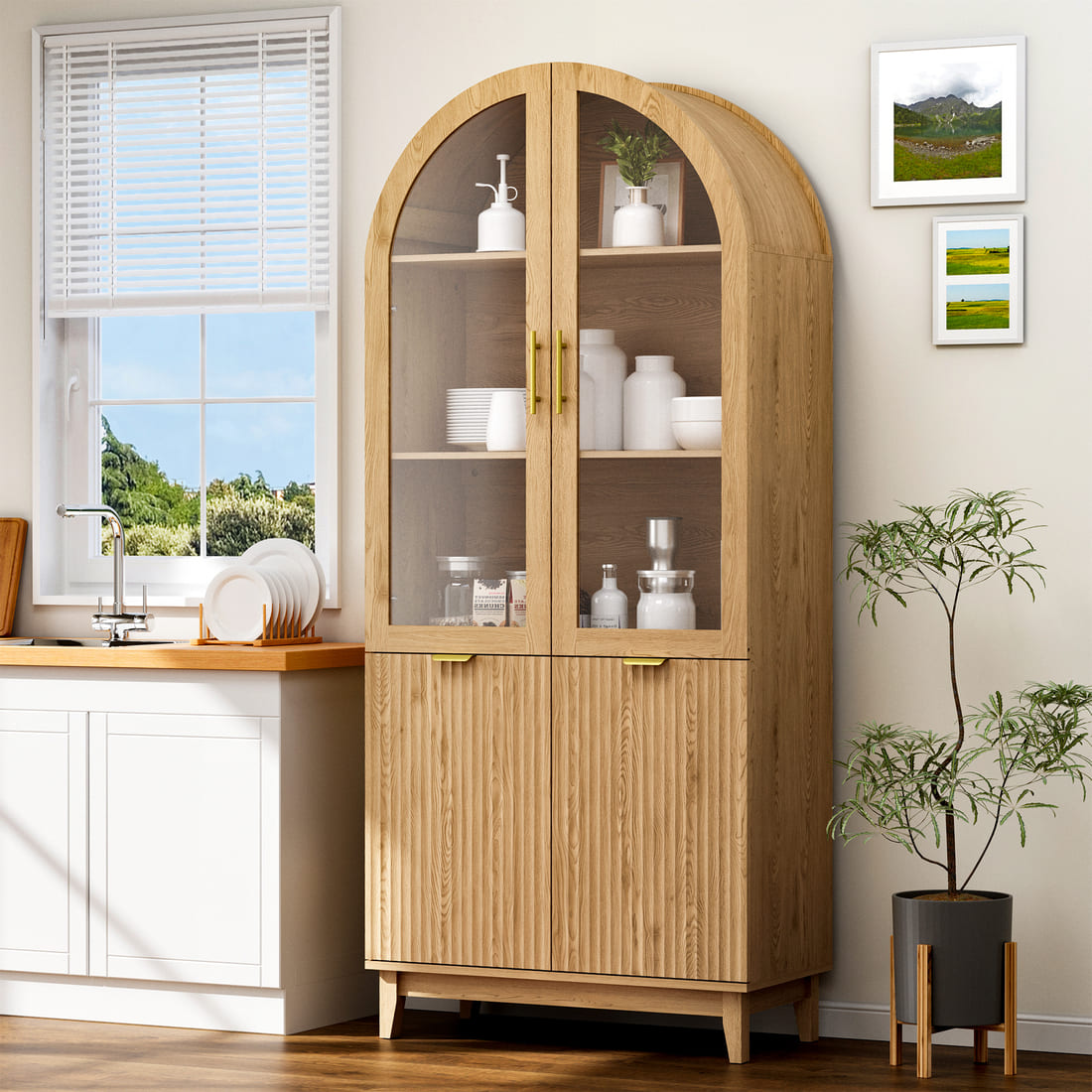 Modern Farmhouse Arched Cabinet with Glass Doors & Adjustable Shelves
