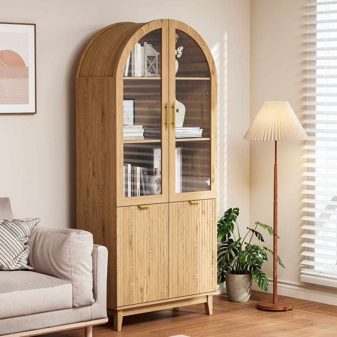 Modern Farmhouse Arched Cabinet with Glass Doors & Adjustable Shelves