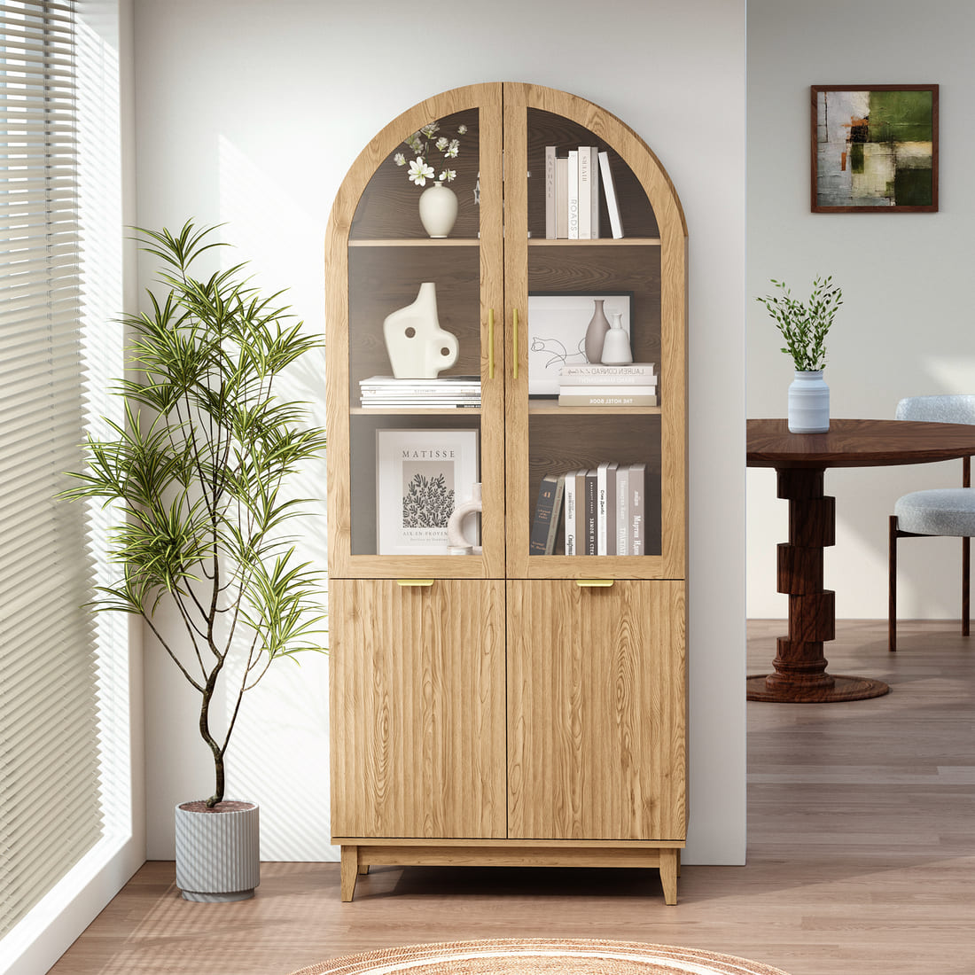 Modern Farmhouse Arched Cabinet with Glass Doors & Adjustable Shelves