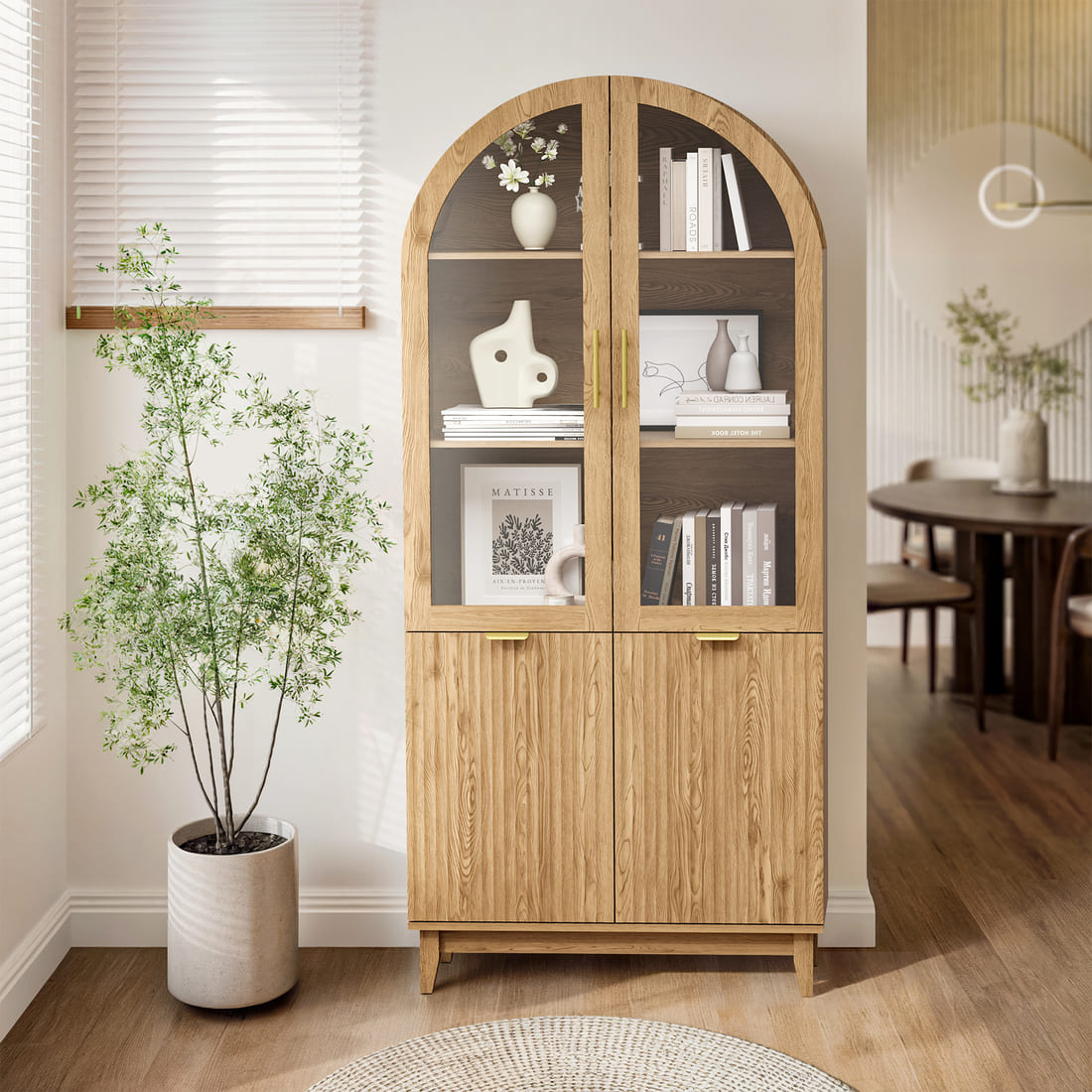 Modern Farmhouse Arched Cabinet with Glass Doors & Adjustable Shelves