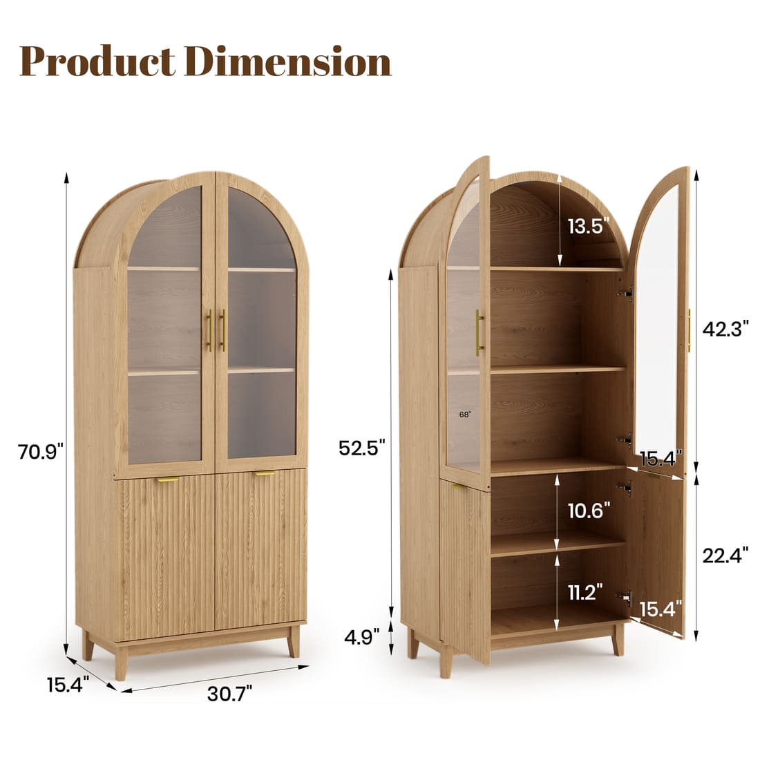 Modern Farmhouse Arched Cabinet with Glass Doors & Adjustable Shelves
