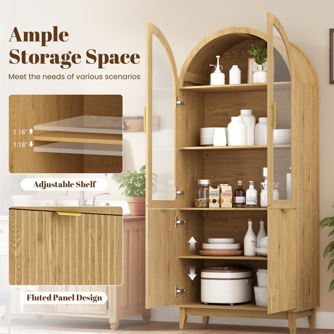 Modern Farmhouse Arched Cabinet with Glass Doors & Adjustable Shelves