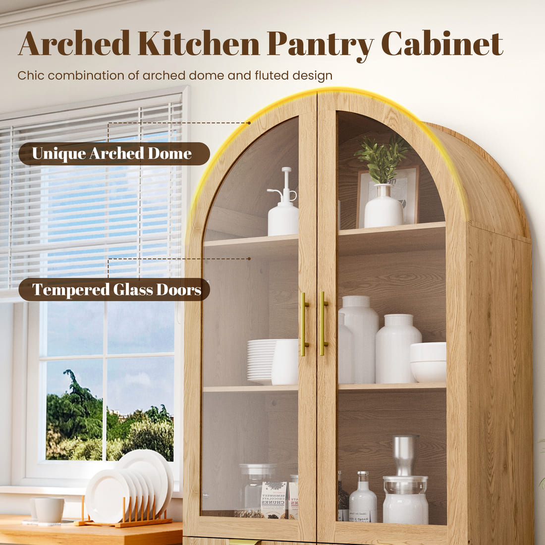 Modern Farmhouse Arched Cabinet with Glass Doors & Adjustable Shelves