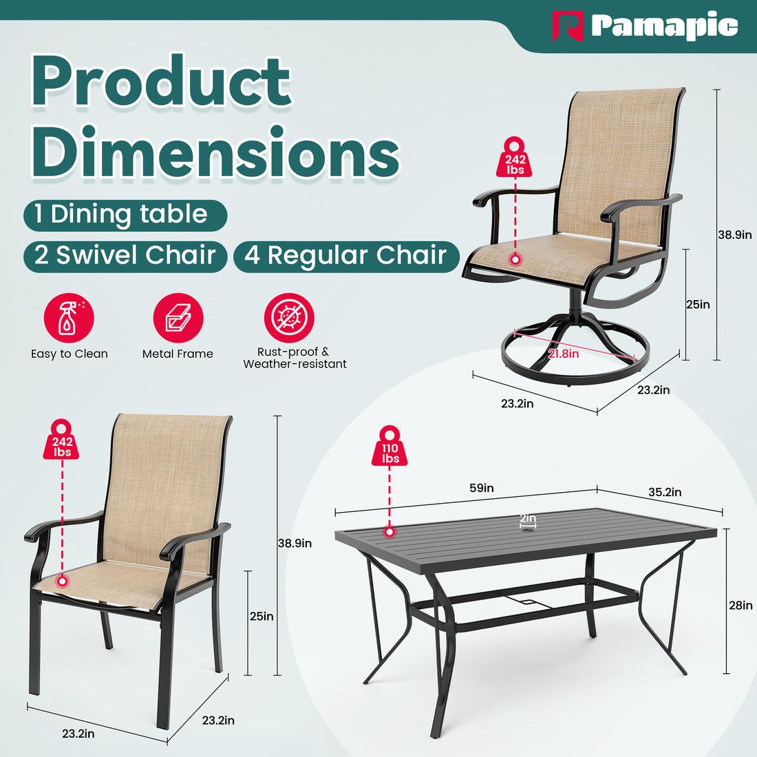 7-Piece Textilene Dining Set with 2 Swivel Chairs & 4 Side Chairs