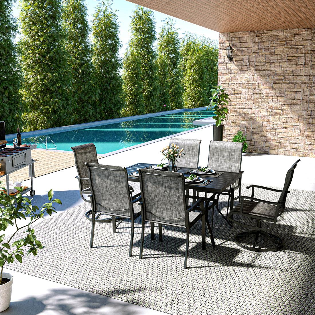 7-Piece Textilene Dining Set with 2 Swivel Chairs & 4 Side Chairs