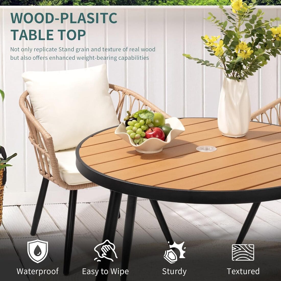 Patio Dining Set with Round Wood Table Top & Wicker Rattan Chairs