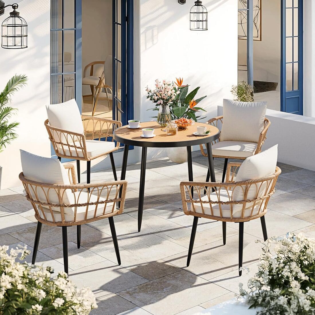 Patio Dining Set with Round Wood Table Top & Wicker Rattan Chairs