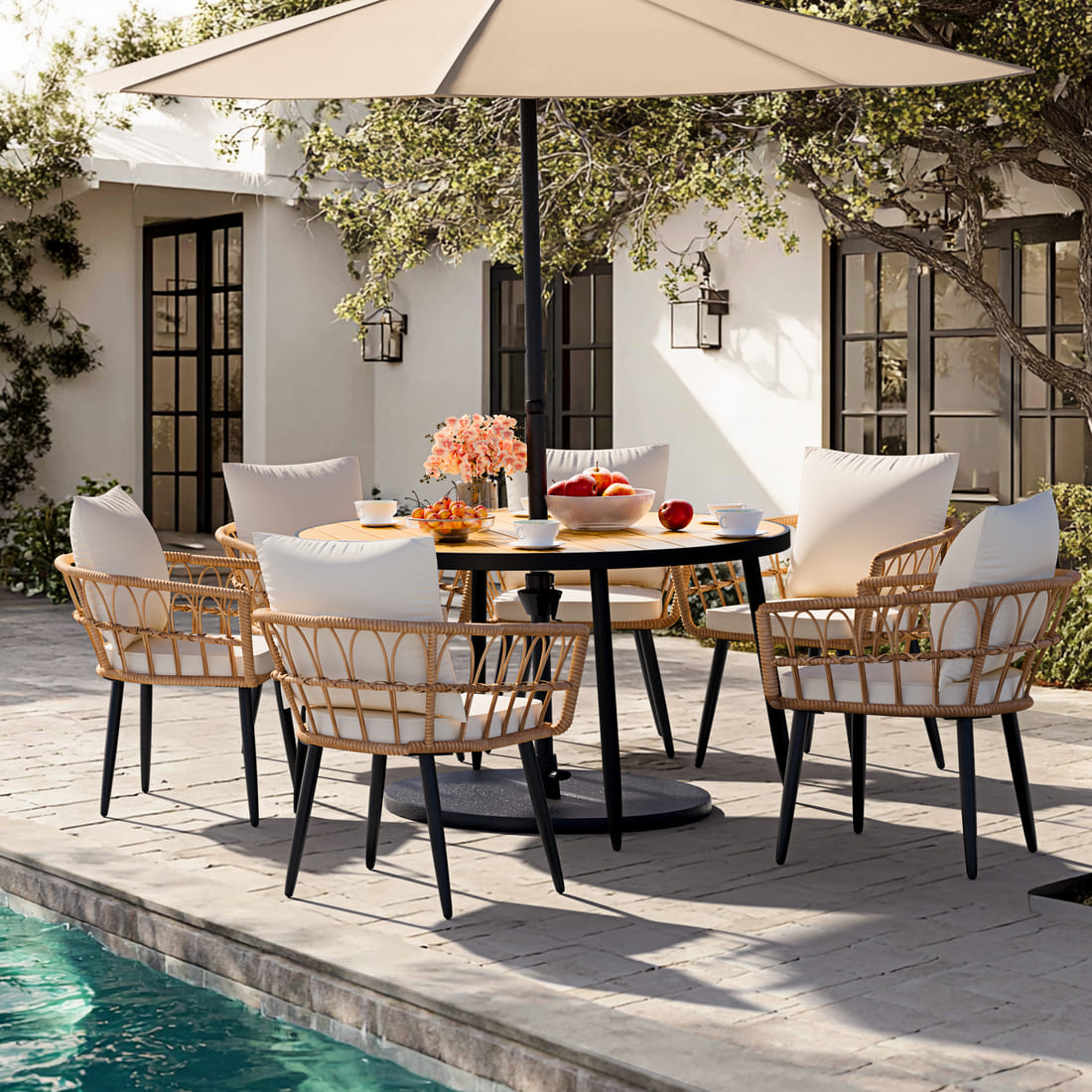 Patio Dining Set with Round Wood Table Top & Wicker Rattan Chairs