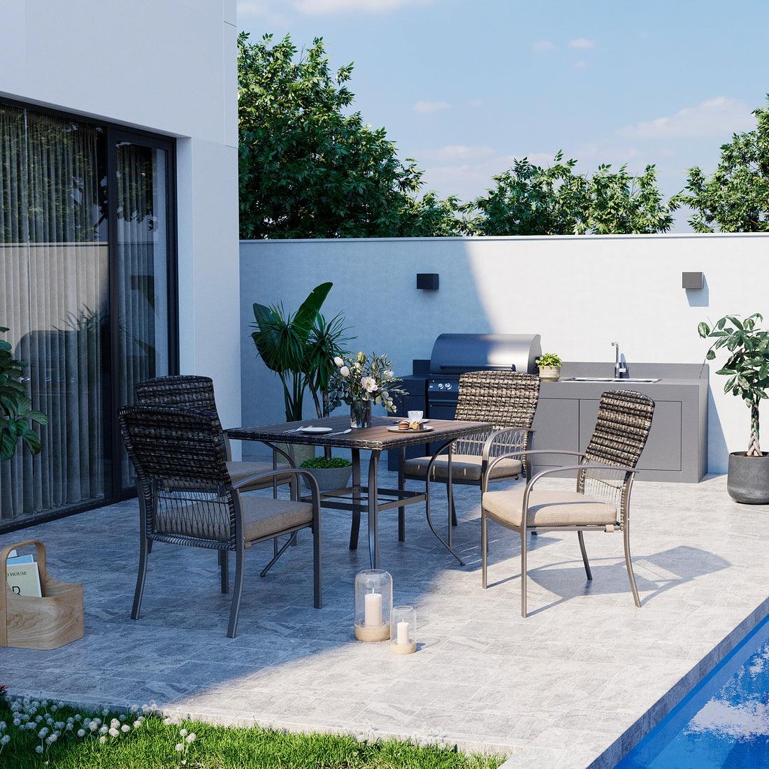 Outdoor Dining Set for 4 with Iron Frame & Rattan Backrest - 4 Colors