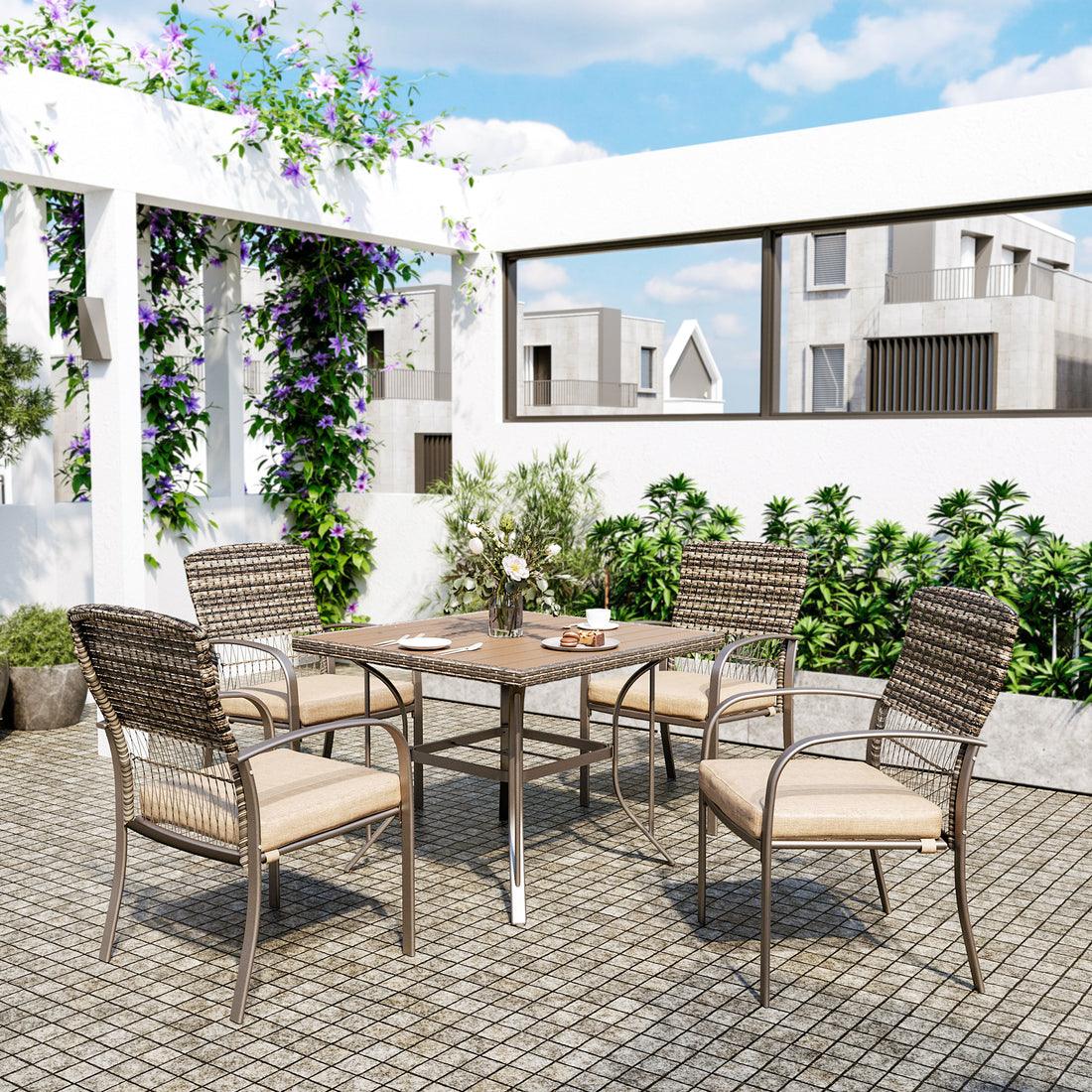 Outdoor Dining Set for 4 with Iron Frame & Rattan Backrest - 4 Colors