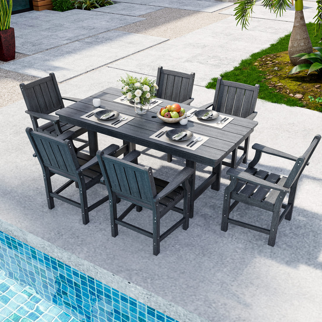 7-Piece HDPE Outdoor Dining Table and Chairs with Umbrella Hole - Multiple Sizes, 2 Colors
