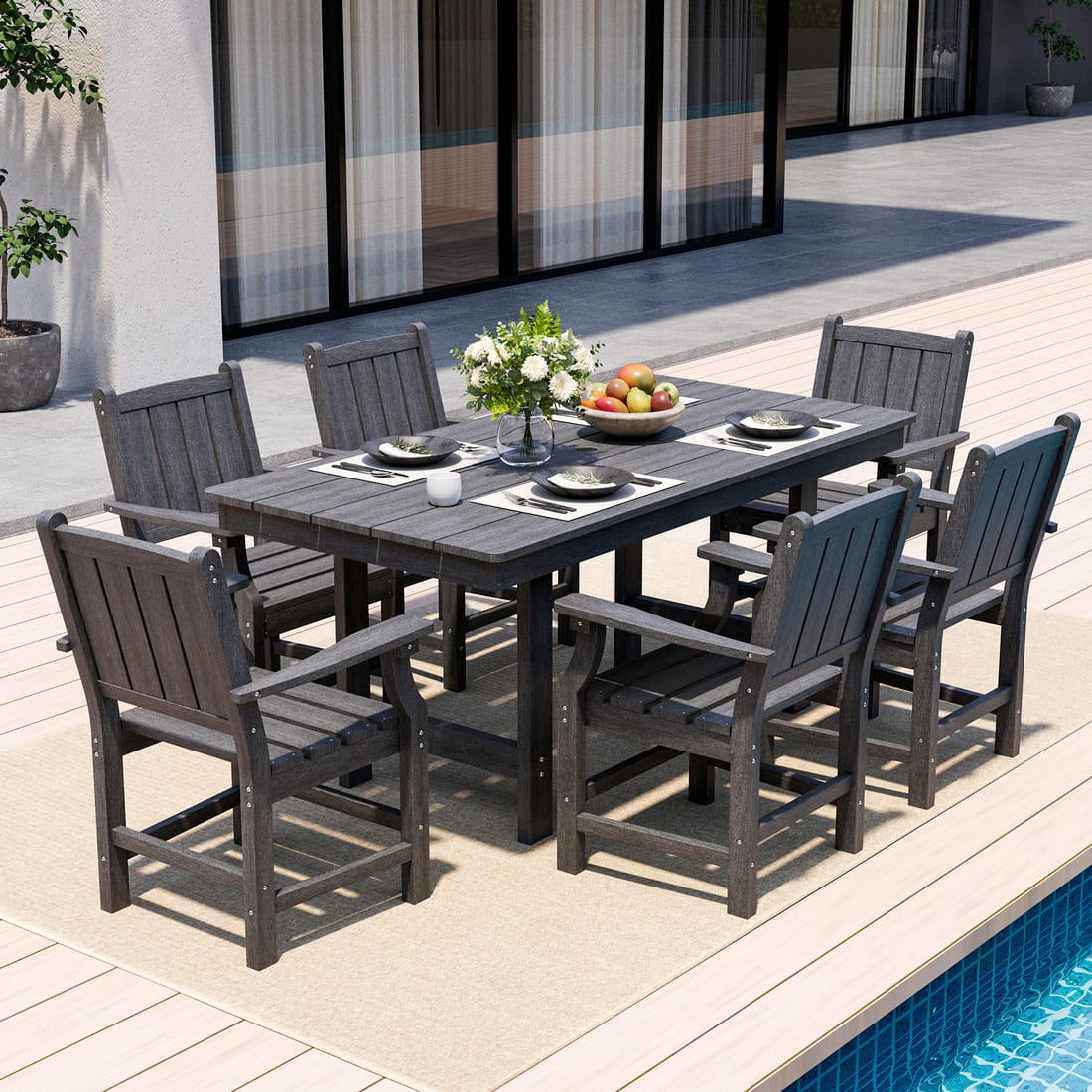 7-Piece HDPE Outdoor Dining Table and Chairs with Umbrella Hole - Multiple Sizes, 2 Colors