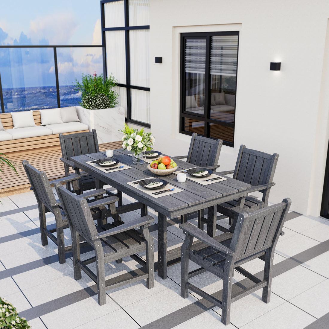 7-Piece HDPE Outdoor Dining Table and Chairs with Umbrella Hole - Multiple Sizes, 2 Colors