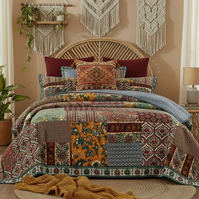 Dark Elegance Bohemian Floral Cotton Patchwork Bedding