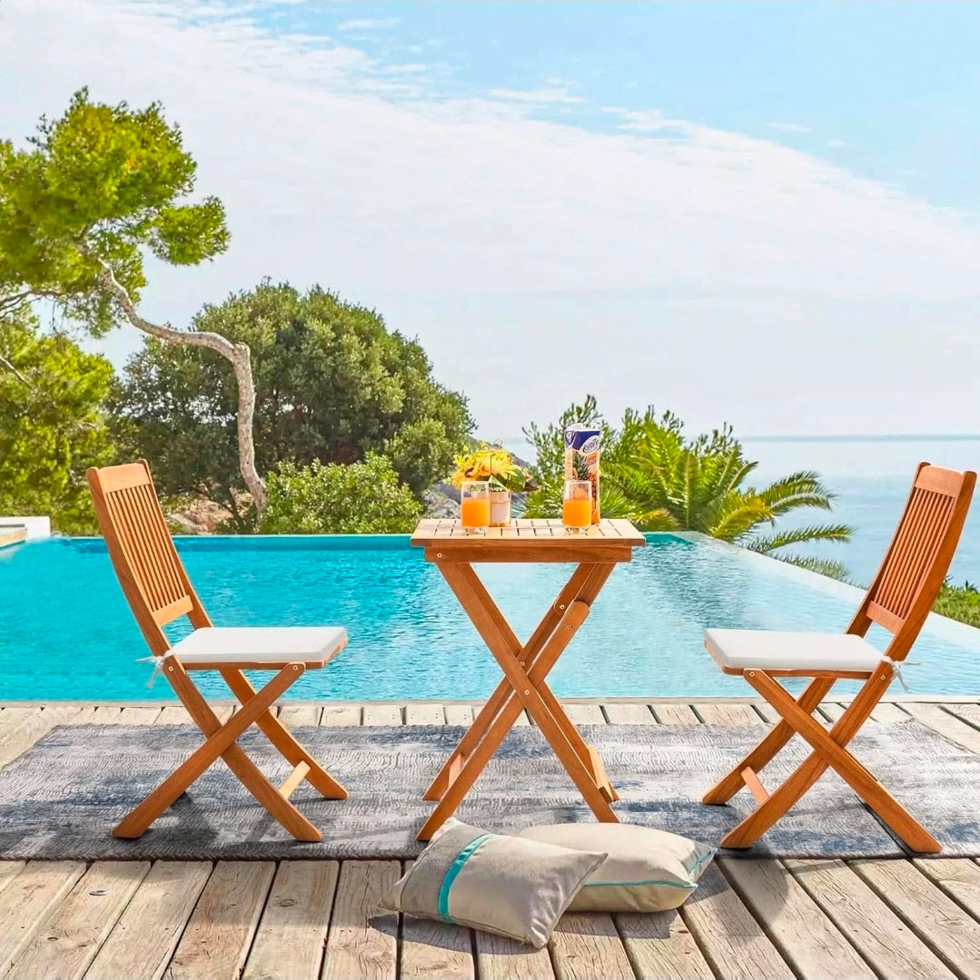 3 Piece Outdoor Folding Bistro Set With Cushions - Acacia Wood