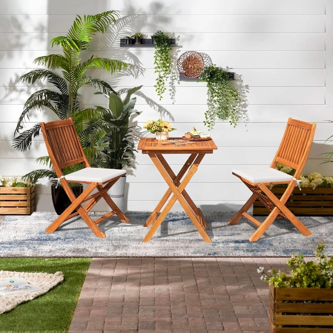3 Piece Outdoor Folding Bistro Set With Cushions - Acacia Wood