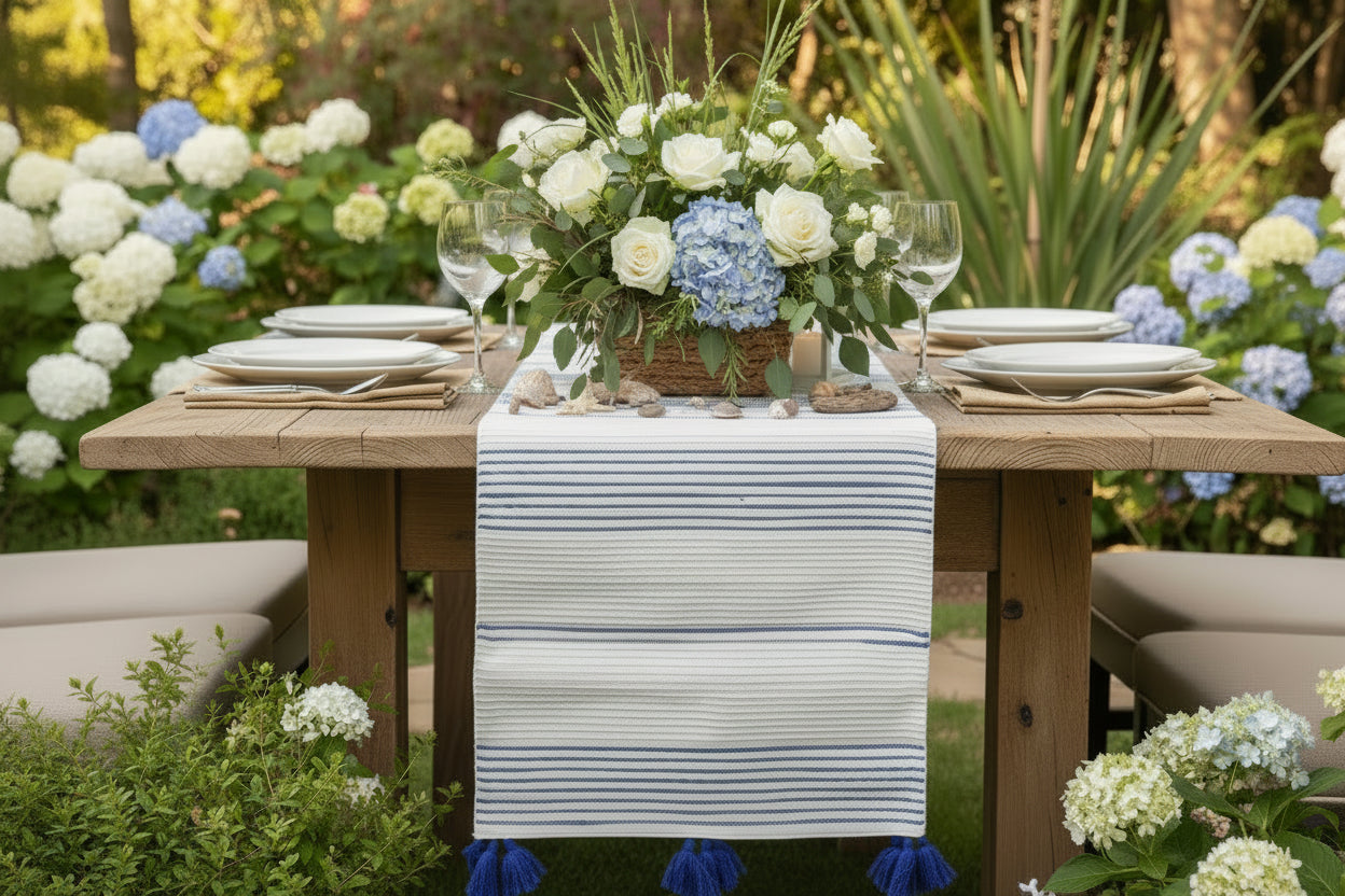 Blue Stripe Cotton Table Runner with Tassels - 16"x 90"