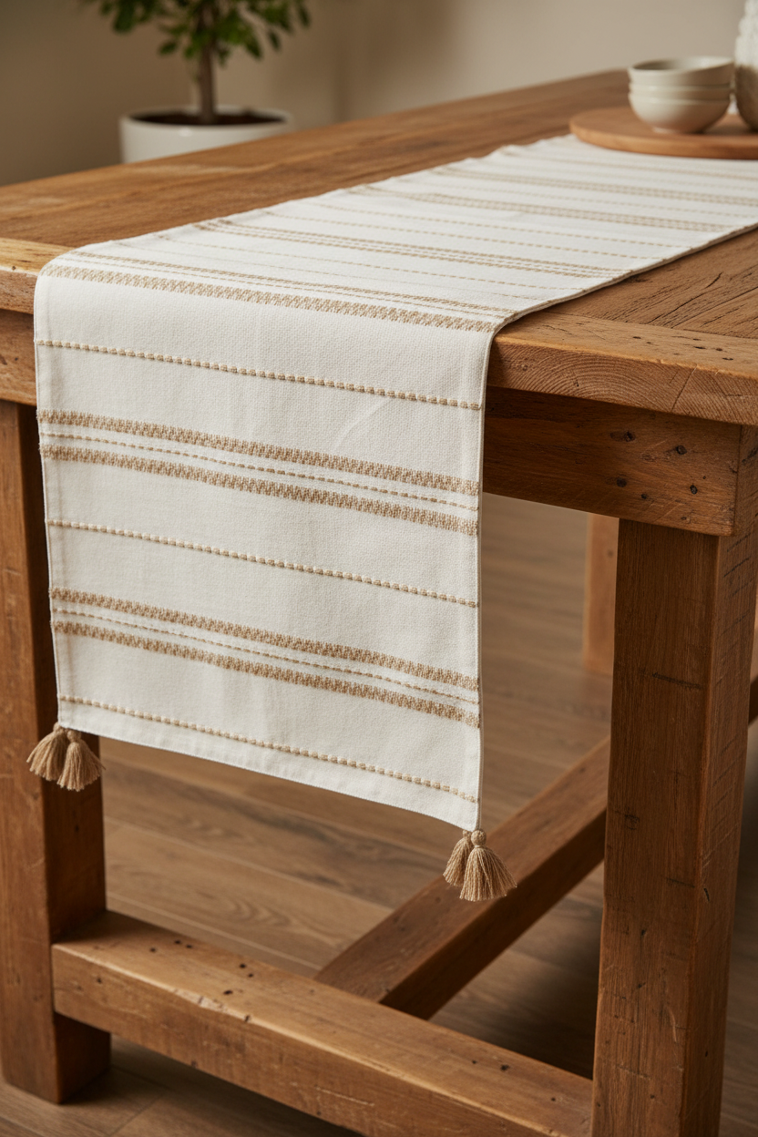 Tan Stripe Embroidered Cotton Table Runner With Tassels - 16" x 90"
