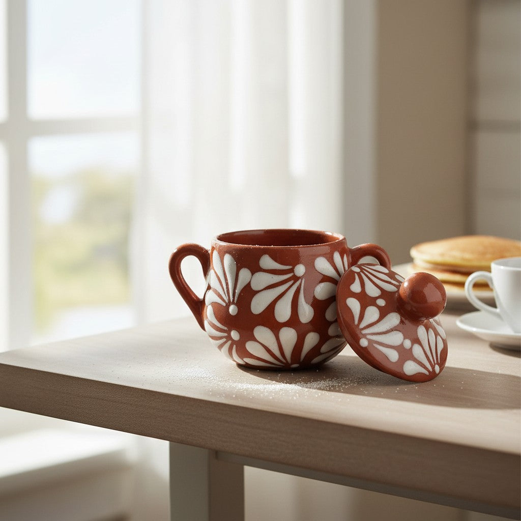 Talavera Sugar Jar | Brown & White Floral