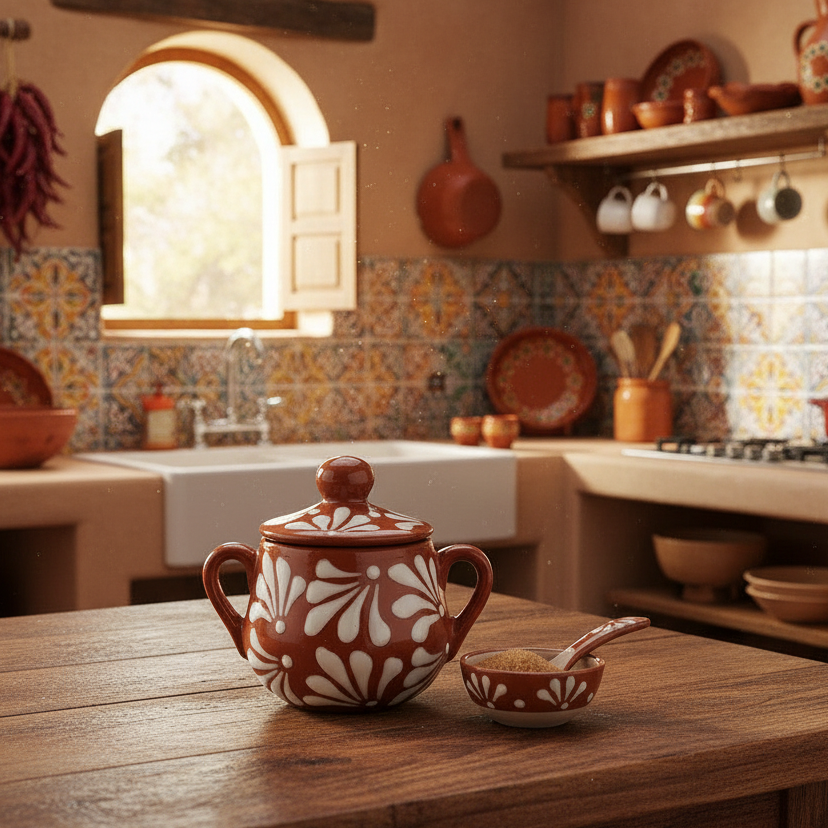 Talavera Sugar Jar | Brown & White Floral
