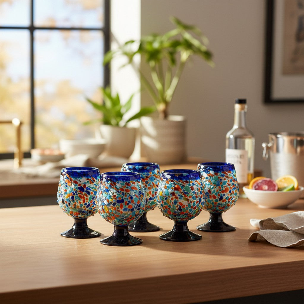 Mexican Confetti Rock Shot Glass | Blue Rim Cognac Style