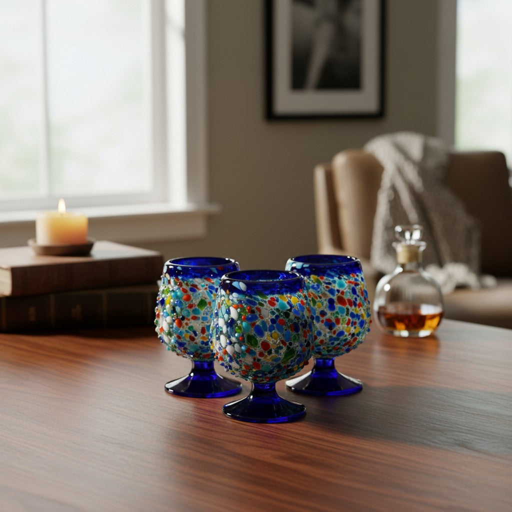 Mexican Confetti Rock Shot Glass | Blue Rim Cognac Style
