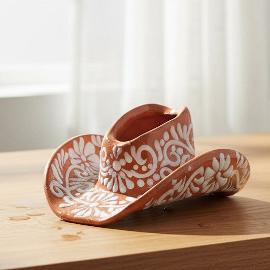 Talavera Sombrero Planter | Brown & White Floral Design
