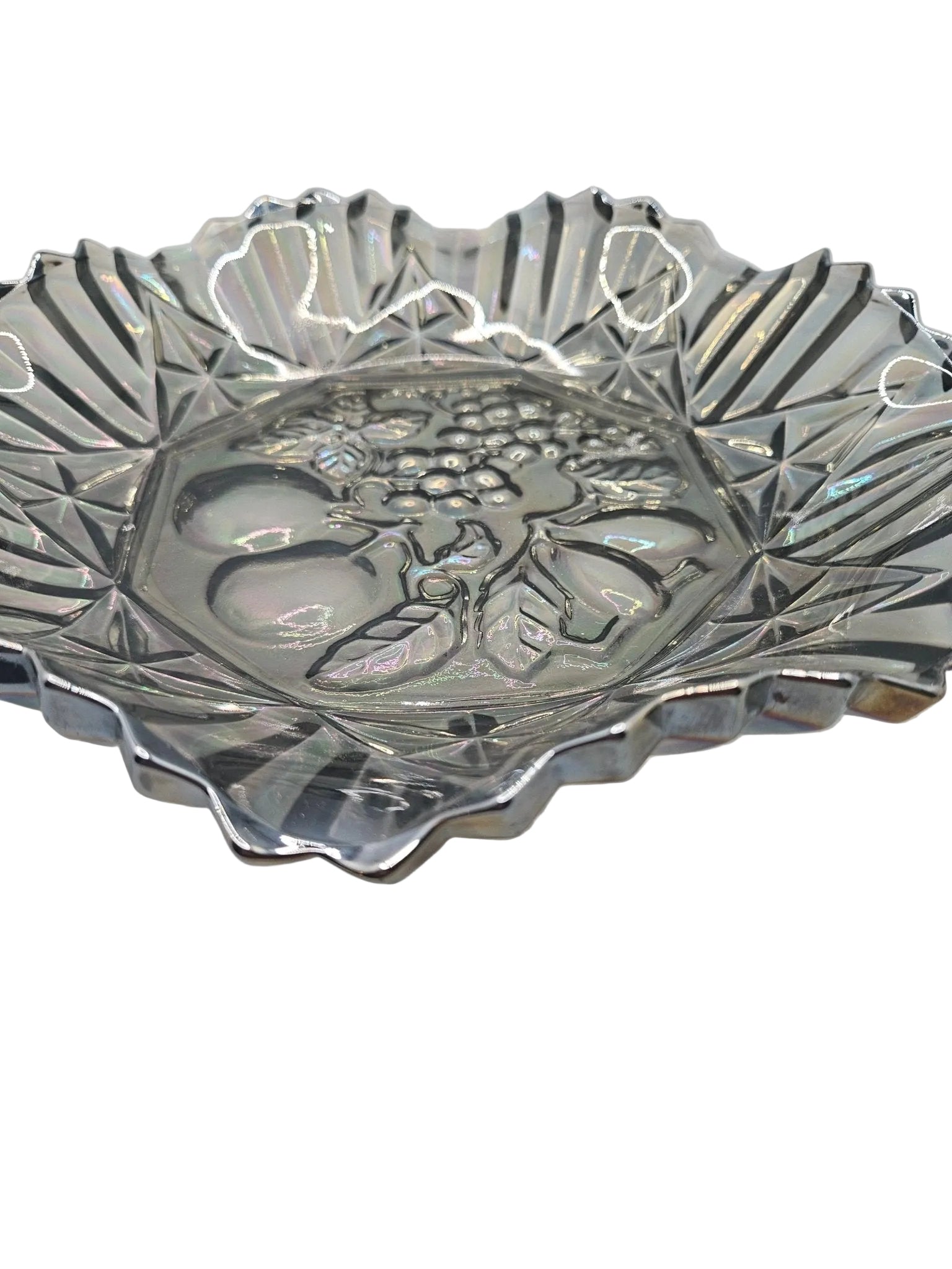Vintage Grey Carnival Glass Bowl With Fluted Edges & Raised Fruit