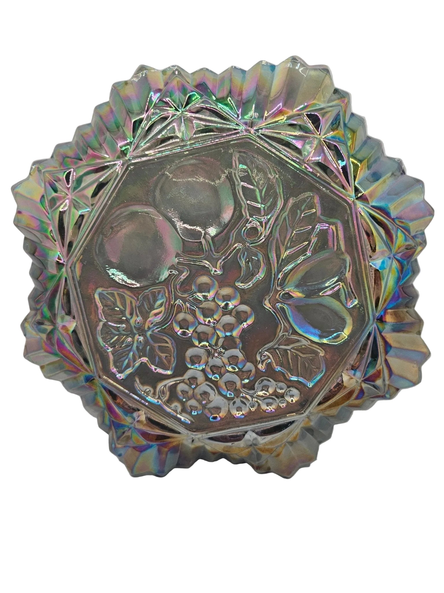 Vintage Grey Carnival Glass Bowl With Fluted Edges & Raised Fruit