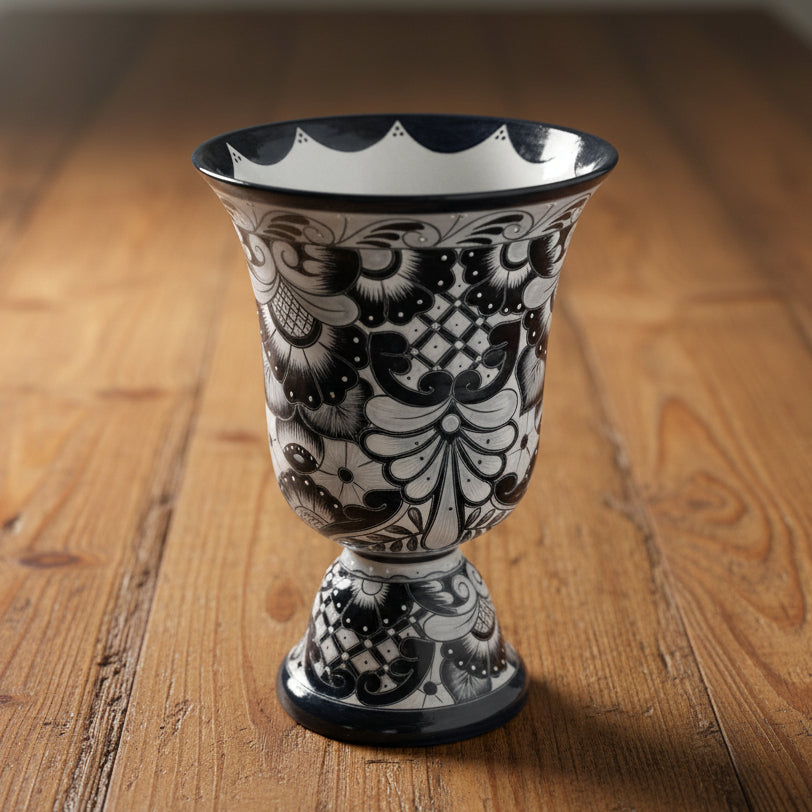 XL Black Talavera Planter | Hand-Painted Pedestal Flower Pot