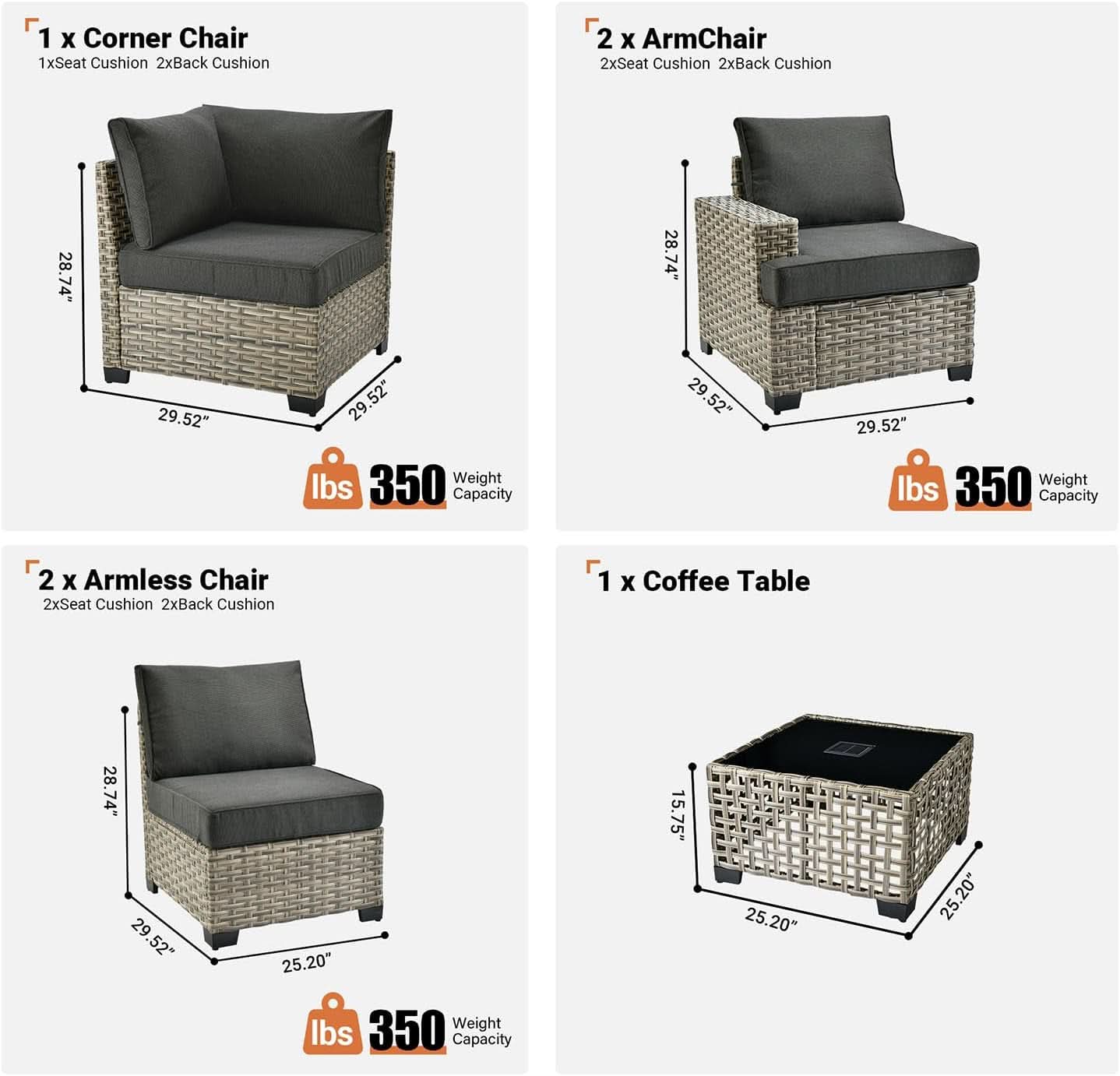 Six Piece Rattan Wicker Outdoor Sectional Sofa Set - Dark Gray